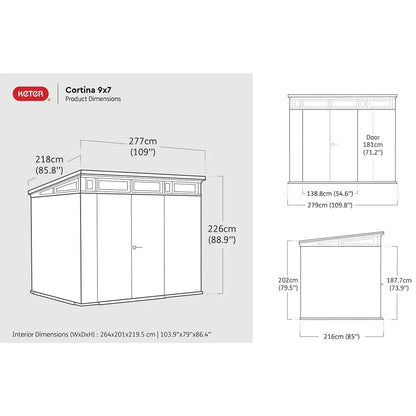 Keter 9’x 7′ Cortina Heavy Duty Plastic Pent Shed – Dark Green